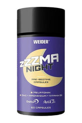 Weider ZMA Night pre-bedtime capsules for healthy sleep, featuring melatonin, zinc, magnesium, and vitamin B6.